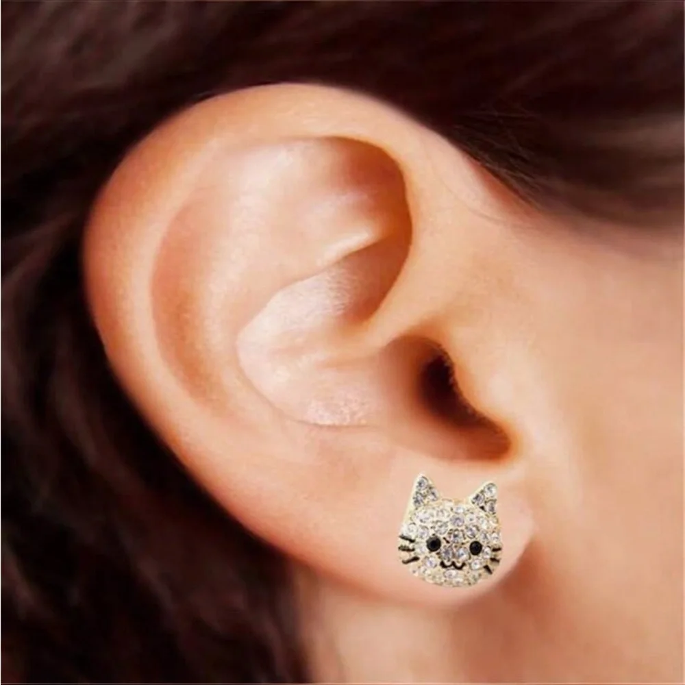 Gold Tone Cat Stud Earrings with Crystals - Picture 3 of 4